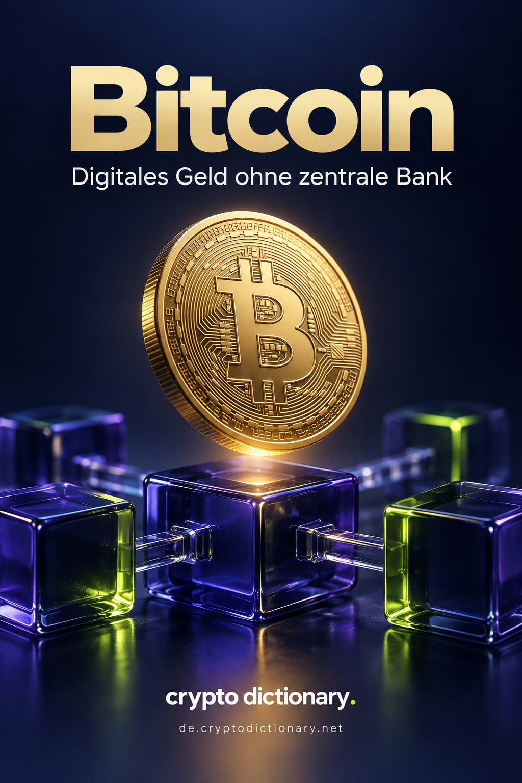 Eine goldene Bitcoin-Münze schwebt über verbundenen violetten Glasblöcken.