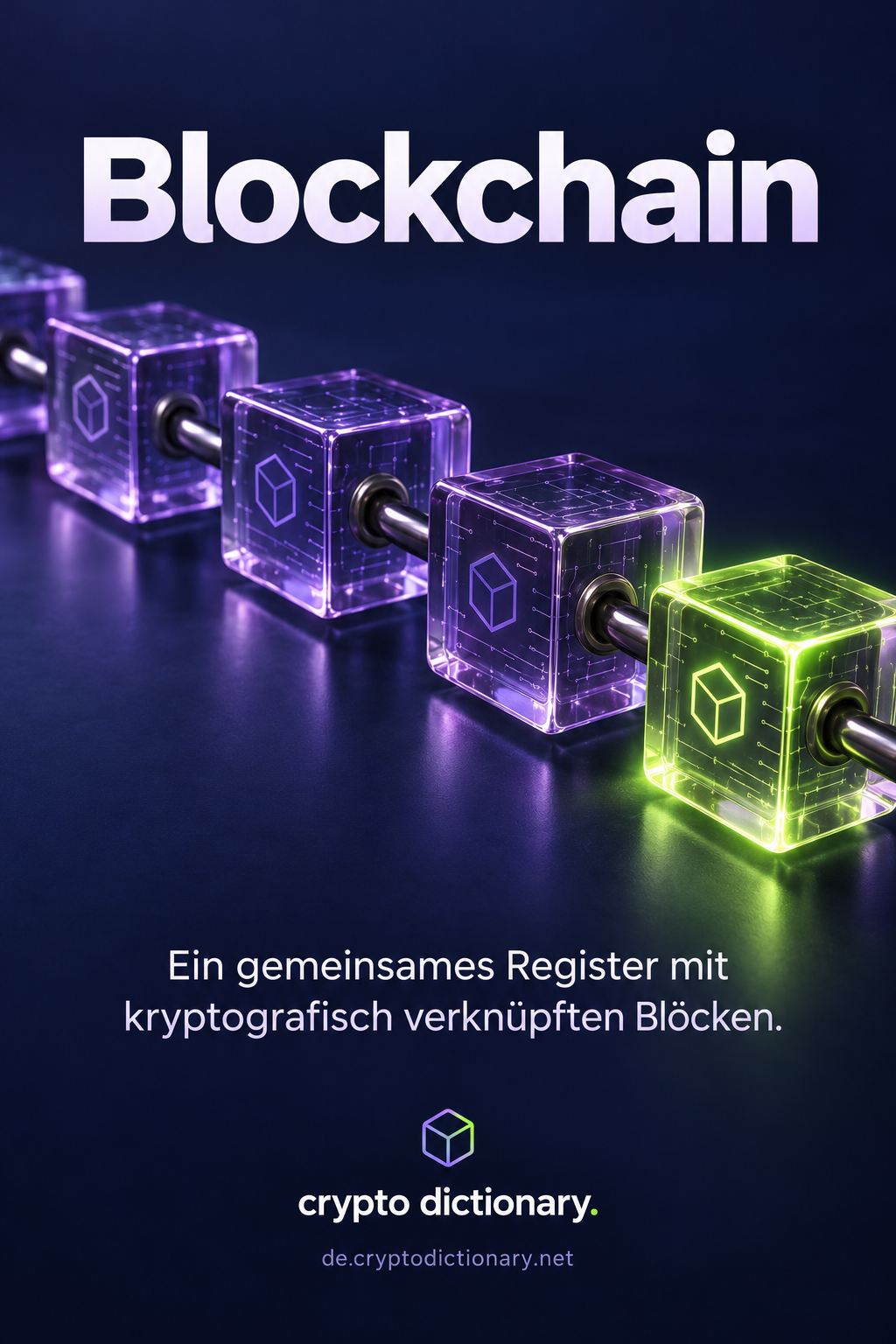 Eine fortlaufende Kette violetter Glasblöcke mit einem neu angefügten leuchtenden Block.