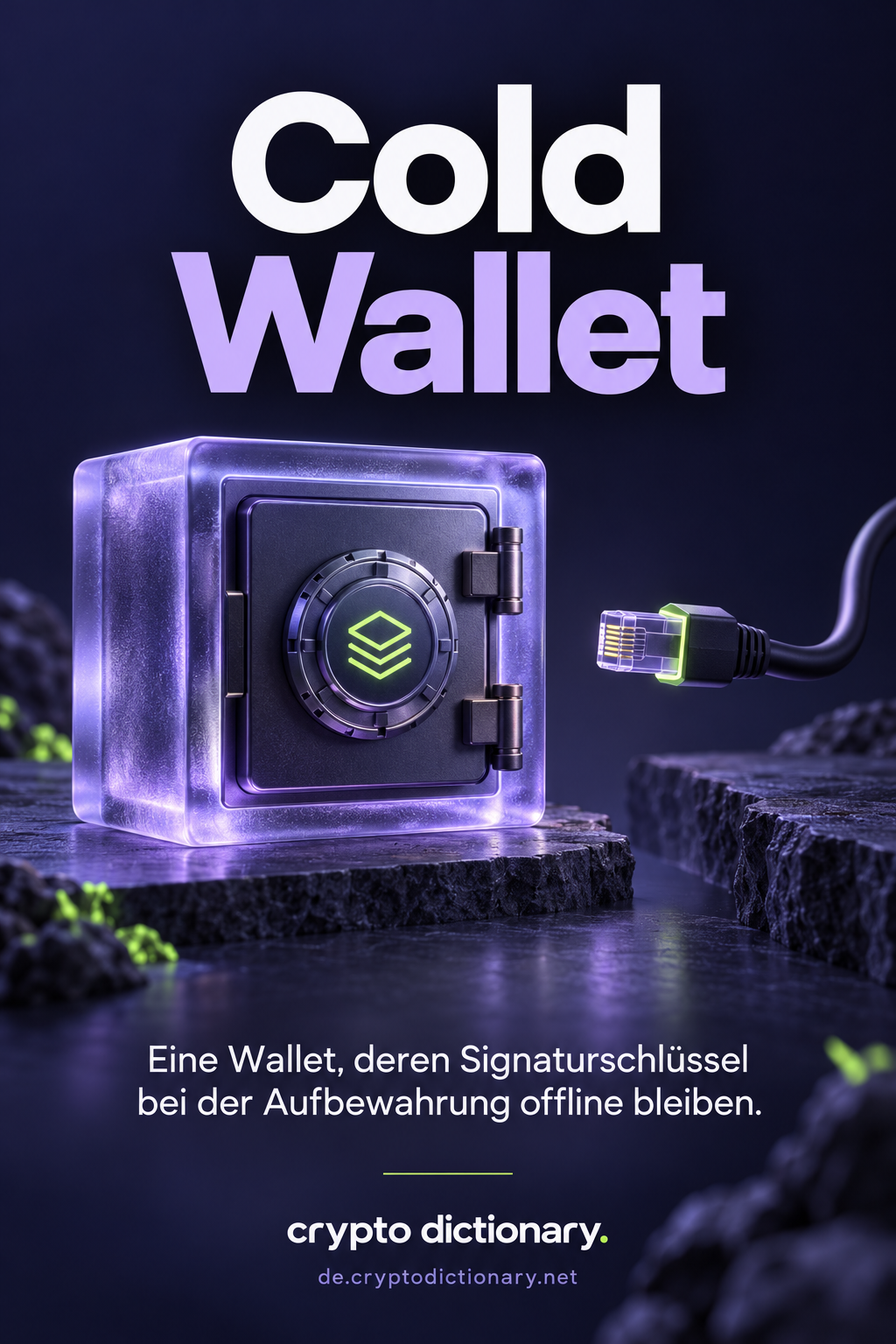 Ein violetter Offline-Tresor mit sichtbar getrenntem Netzwerkkabel.