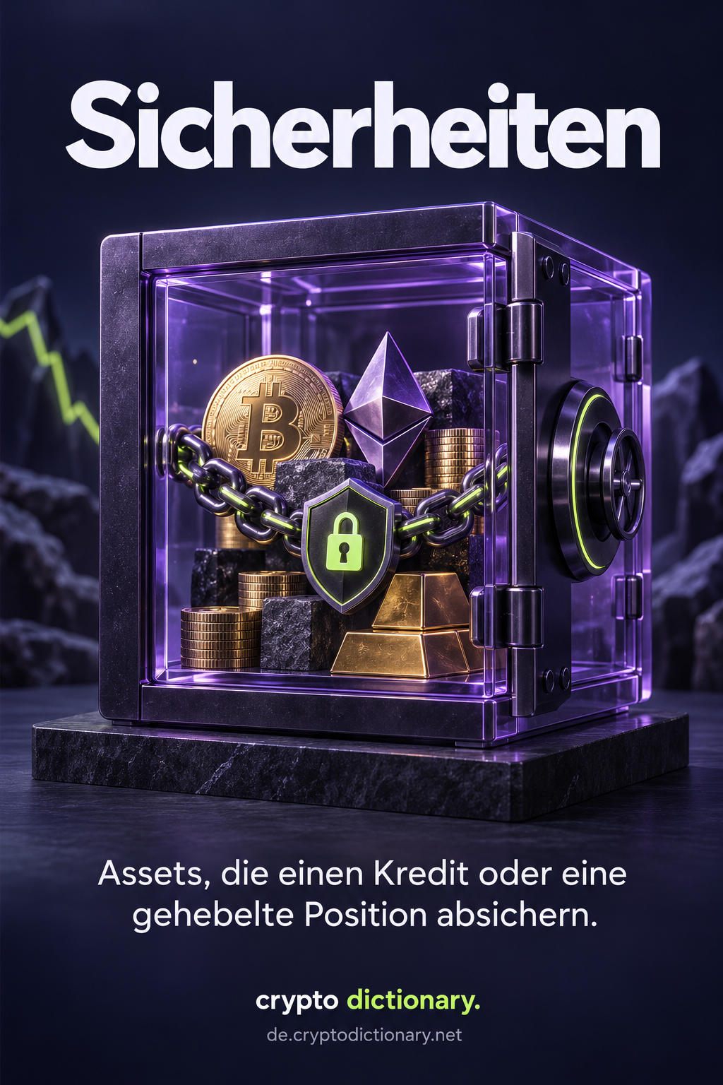 Ein verpfändeter Assetbestand wird in einem gläsernen Tresor mit Kette und Schloss gehalten.