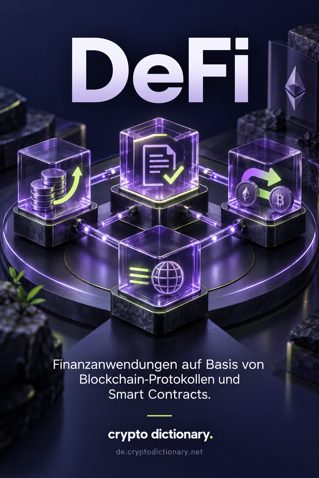 Verbundene Glasmodule zeigen Smart Contracts, Tausch, Vermögenswerte und globale Anwendungen.
