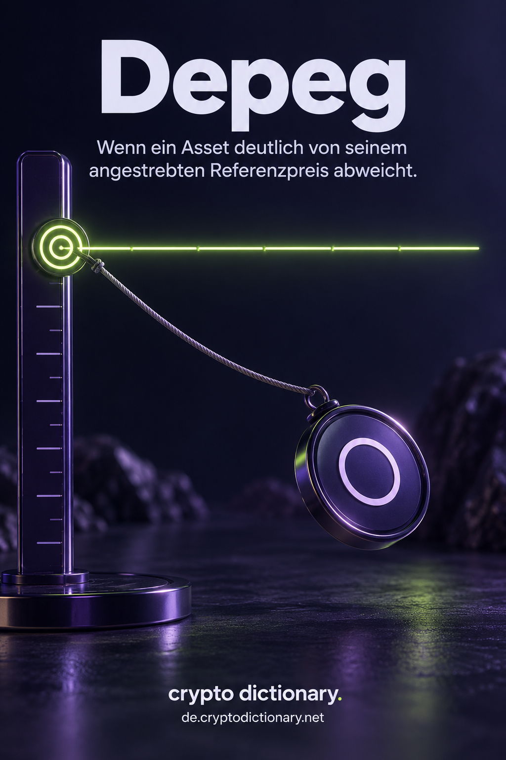 Ein generischer Stablecoin sinkt unter eine feste Referenzlinie an einem violetten Zielmesser.