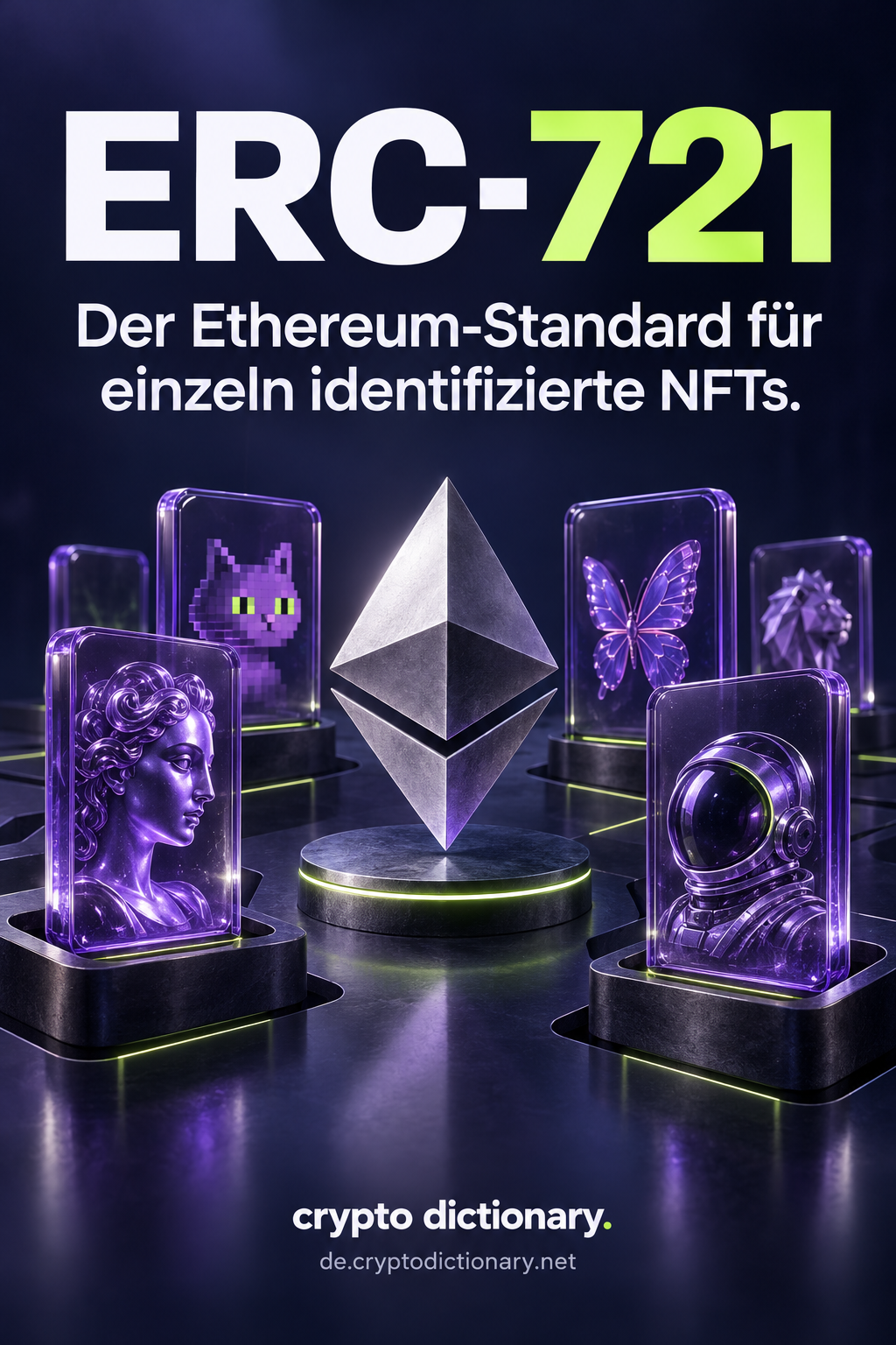 Verschiedene individuelle NFT-Karten sind um ein Ethereum-Netzwerksymbol angeordnet.