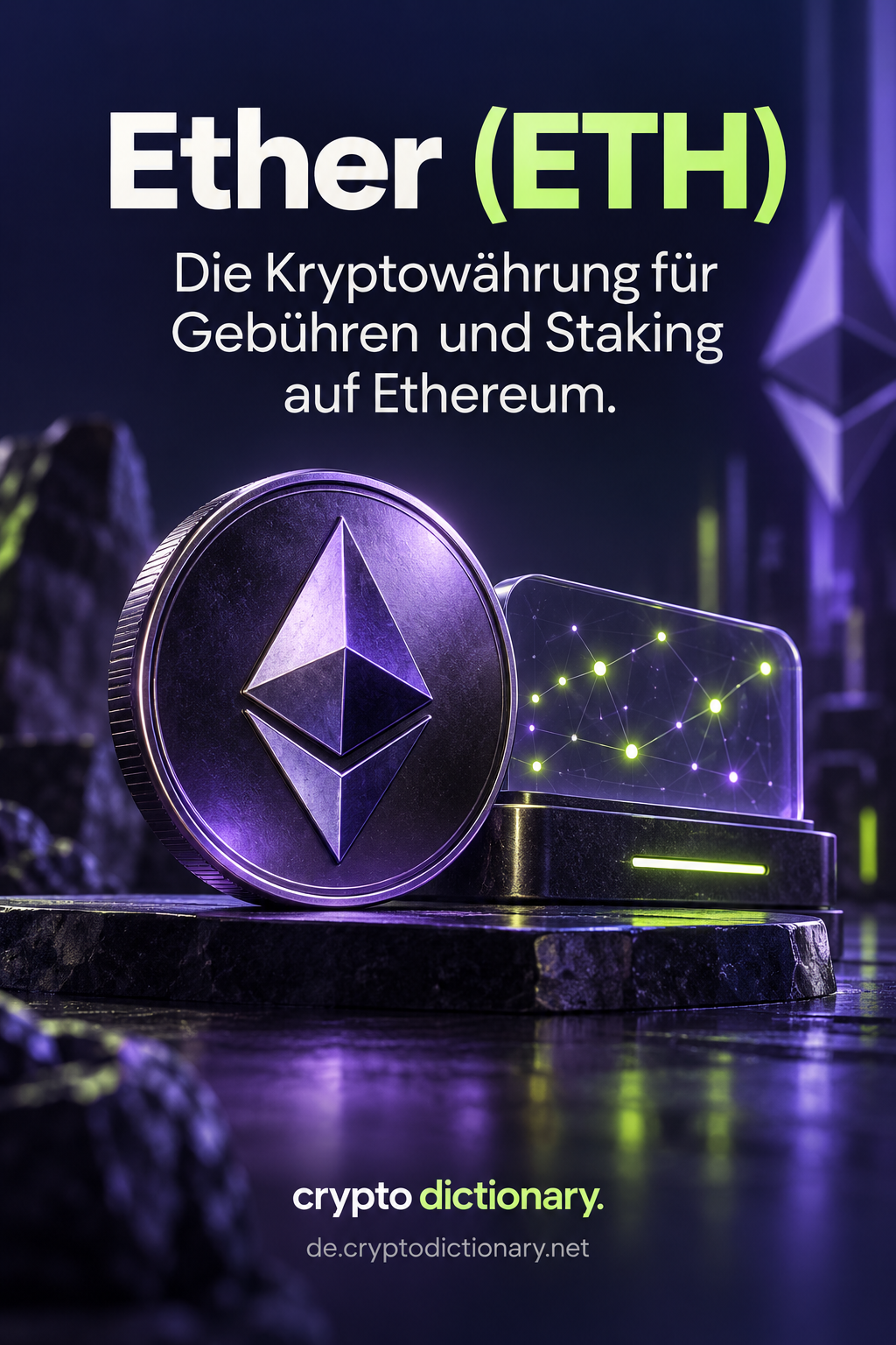 Eine violette Ether-Münze vor einer vernetzten Glasplatte.