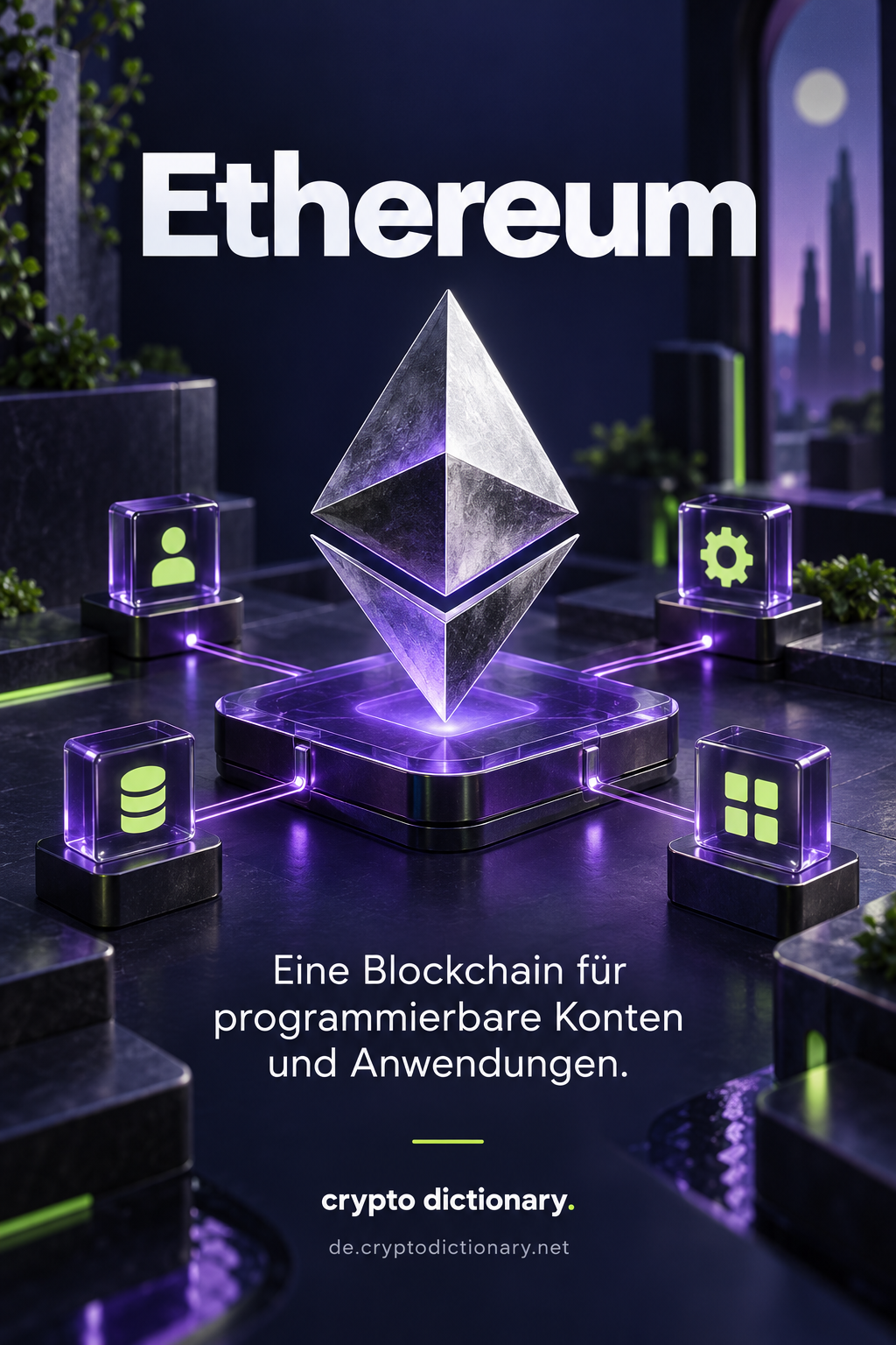 Ein Ethereum-Symbol verbindet Glasblöcke für Konten, Daten und Anwendungen.