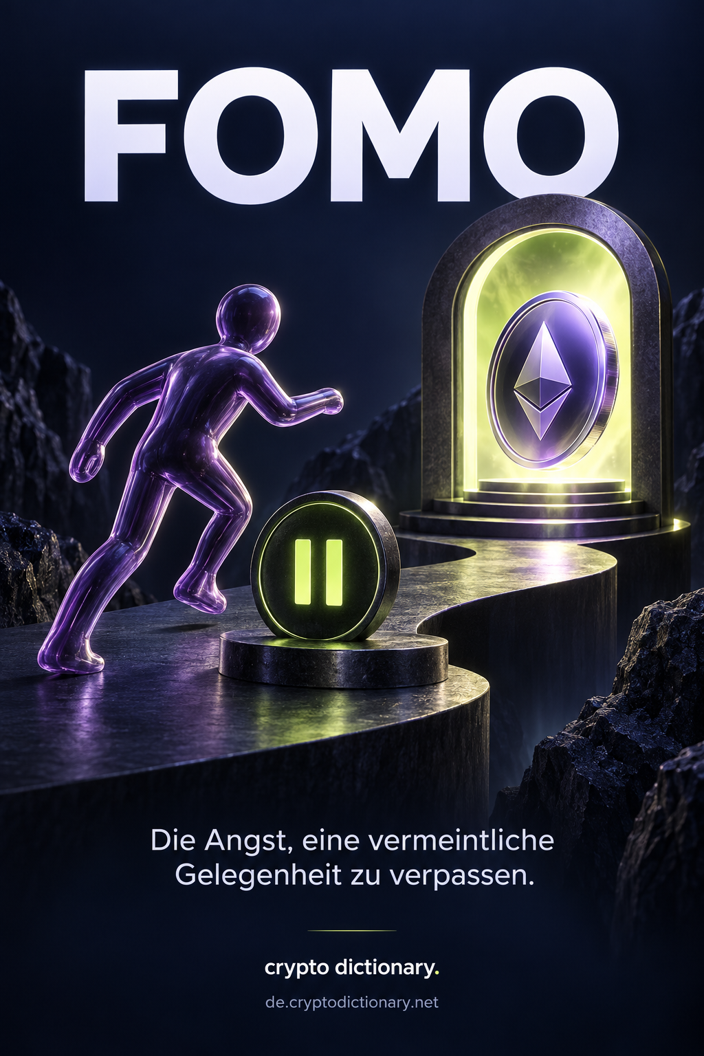 Eine eilende Figur strebt zu einer vermeintlichen Kryptogelegenheit, während ein Pausezeichen zum Innehalten mahnt.