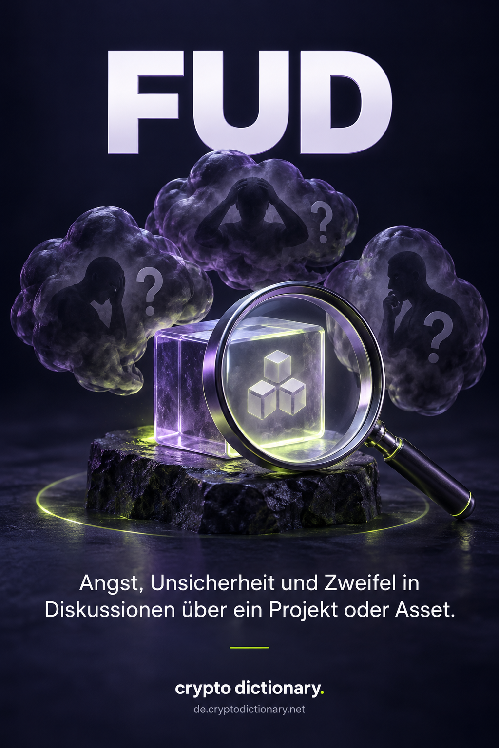 Angst, Unsicherheit und Zweifel schweben als Gedankenwolken um einen untersuchten Assetblock.