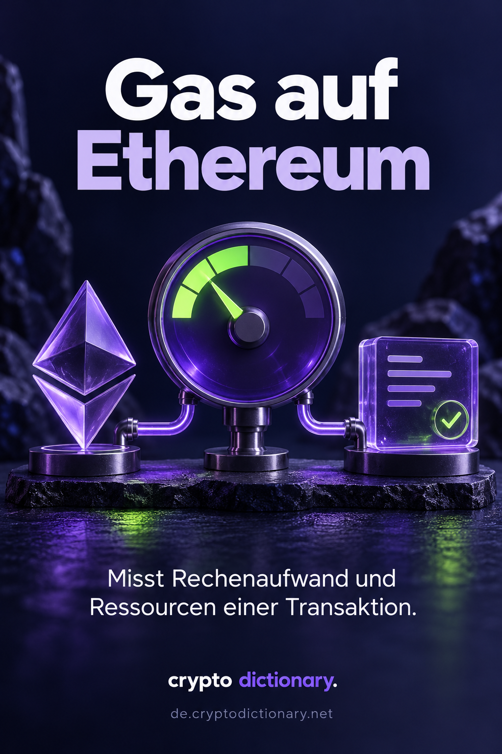 Ein violetter Ressourcenmesser zwischen Ethereum-Symbol und geprüftem Transaktionsblock.