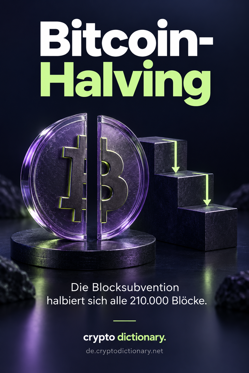 Eine halbierte violette Bitcoin-Münze steht neben absteigenden Subventionsstufen.