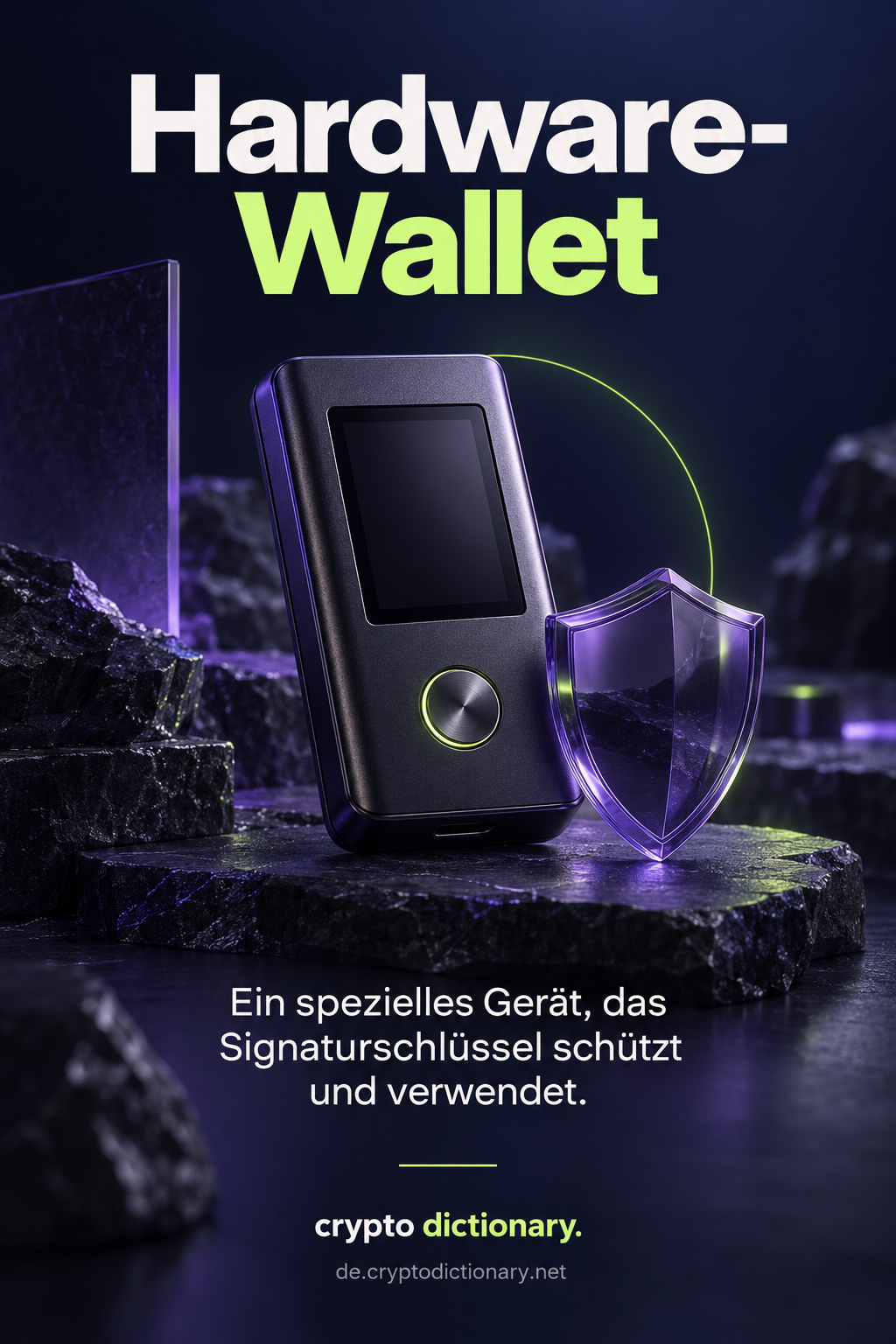 Ein schwarzes Hardware-Wallet-Gerät neben einem schützenden violetten Glasschild.