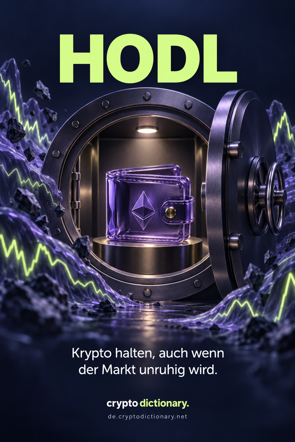Eine Wallet wird in einem Tresor gehalten, während außen unruhige Marktbewegungen dargestellt sind.