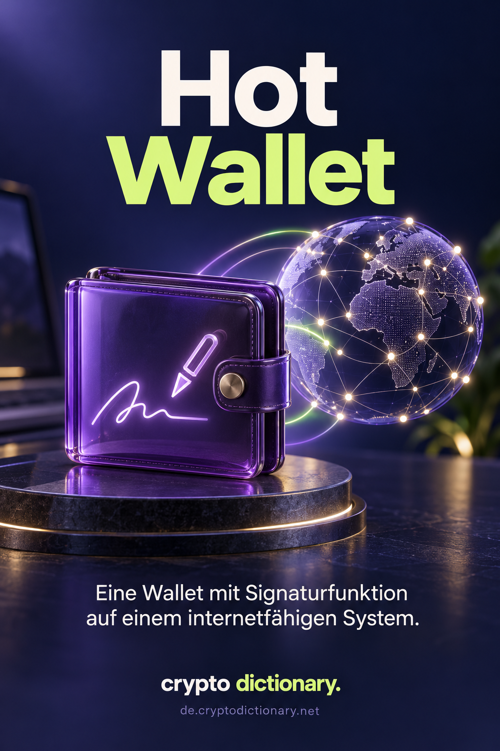 Eine violette Wallet mit Stiftsymbol neben einer vernetzten gläsernen Weltkugel.
