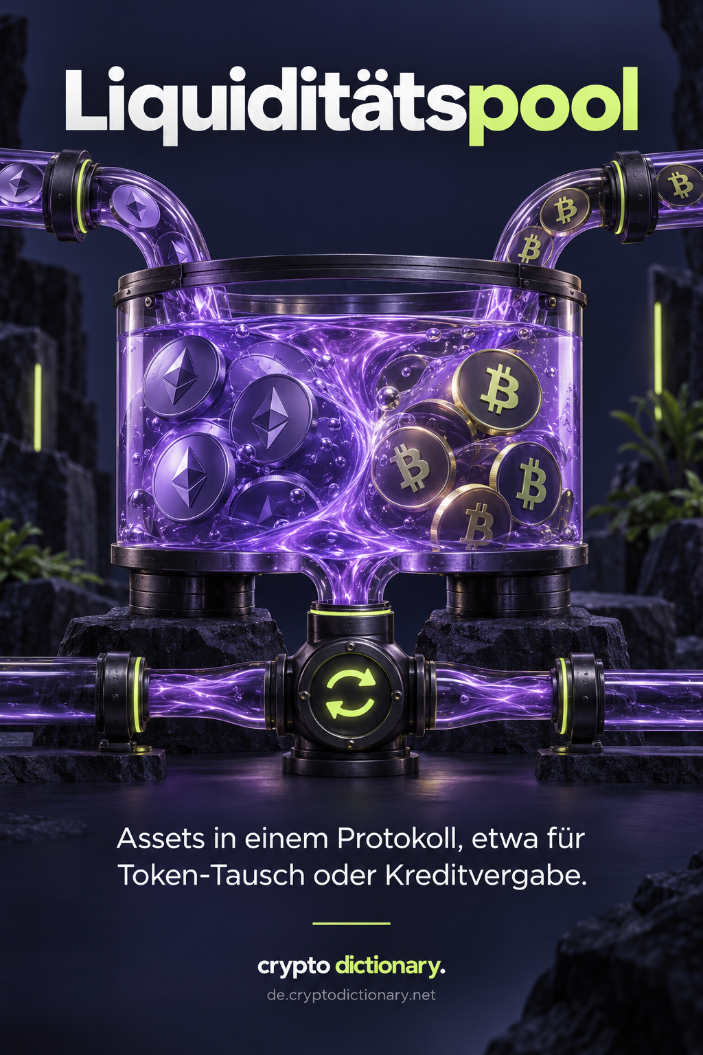 Zwei Coinströme münden in einen gemeinsamen Glasbehälter mit Tauschventil.