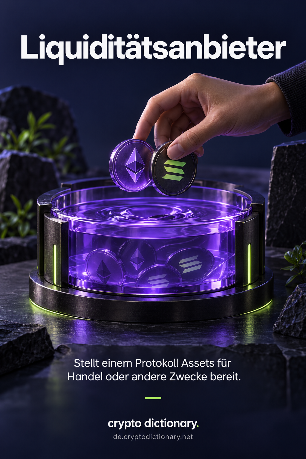 Eine Hand legt zwei Assets in einen gemeinschaftlichen violetten Liquiditätsbehälter.