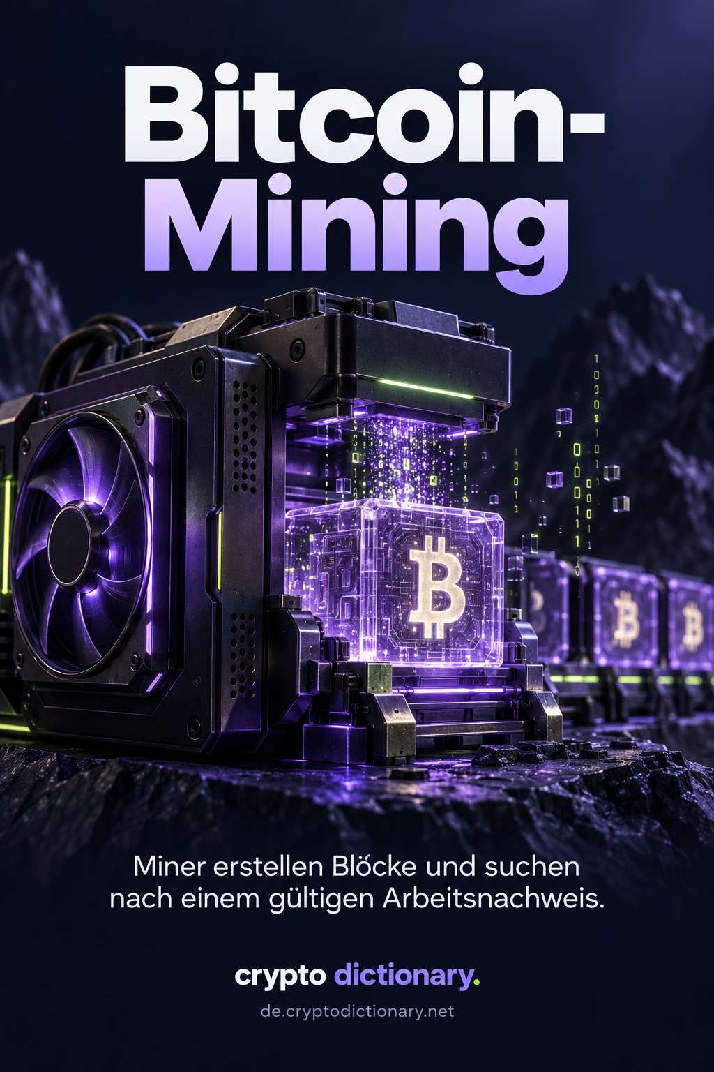 Eine abstrakte Bitcoin-Rechenmaschine verarbeitet einen neuen Glasblock.