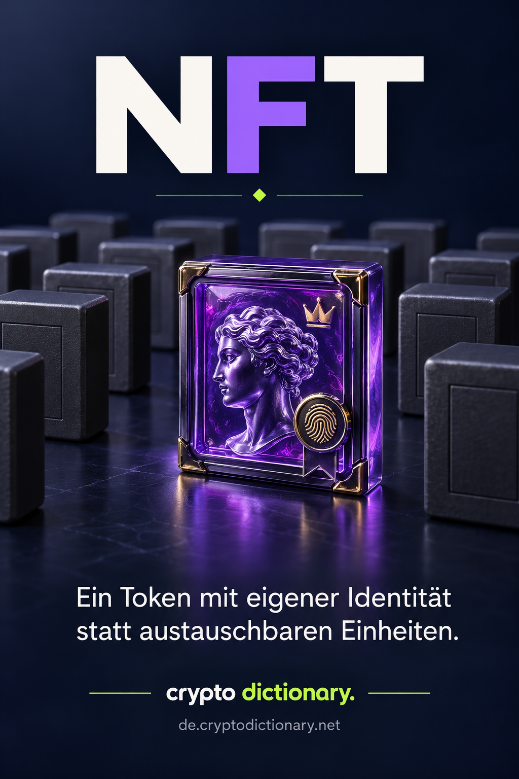 Ein einzelner violetter Kunsttoken mit eigener Prägung und Fingerabdruck steht vor gleichförmigen Platten.