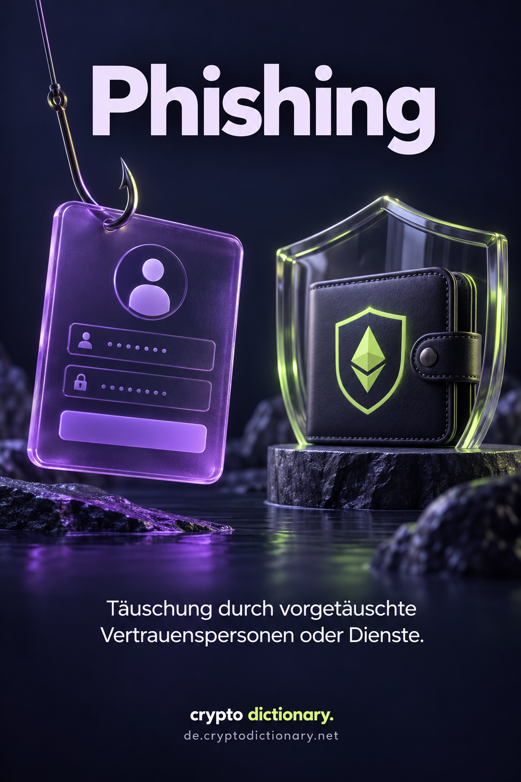 Ein Angelhaken trägt eine gefälschte Login-Karte gegenüber einer geschützten Wallet.