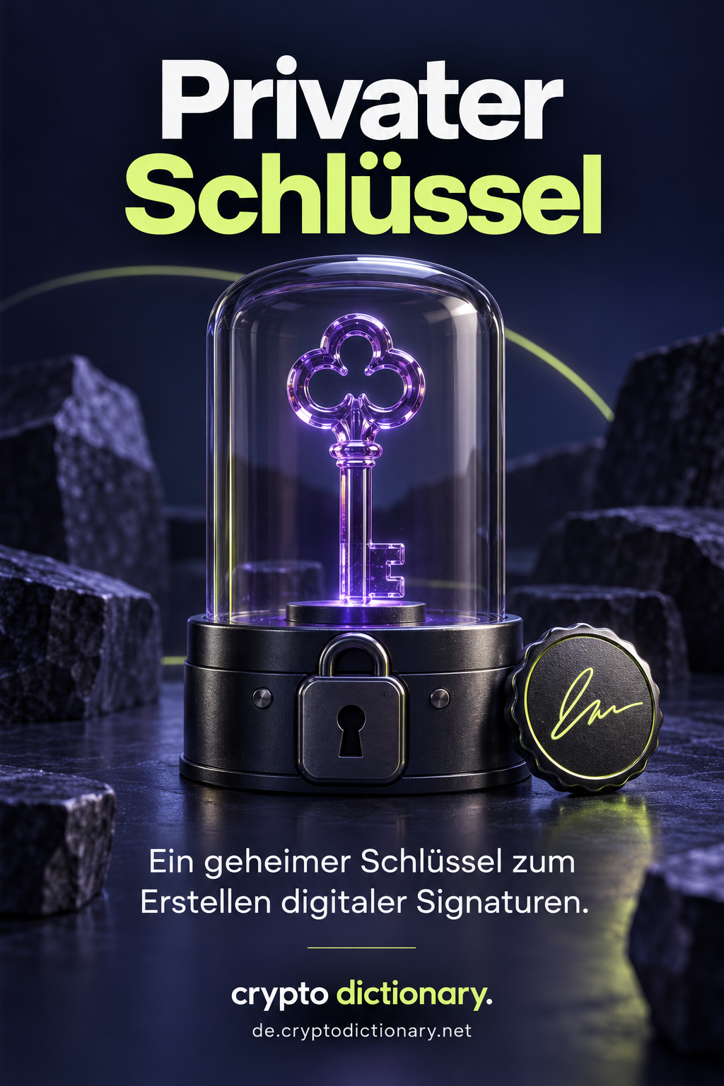 Ein violetter Glasschlüssel unter einer verriegelten Glaskuppel mit abstraktem Signaturzeichen.