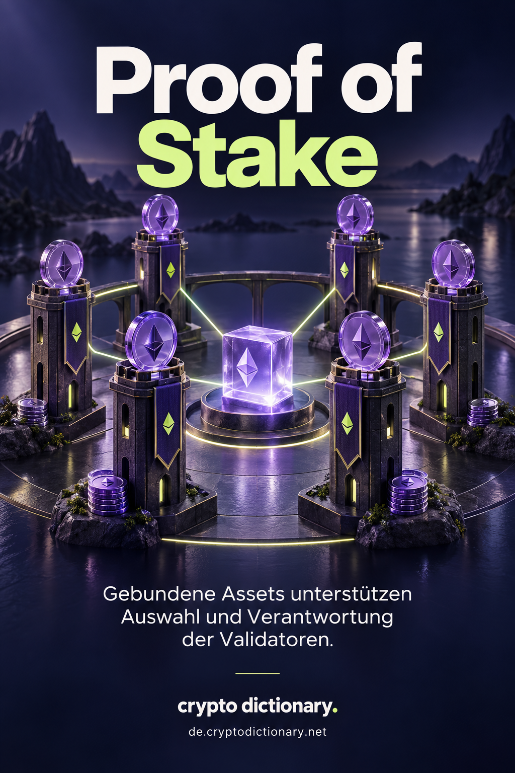Sechs Validator-Türme mit gebundenen Coins sichern einen gemeinsamen zentralen Glasblock.