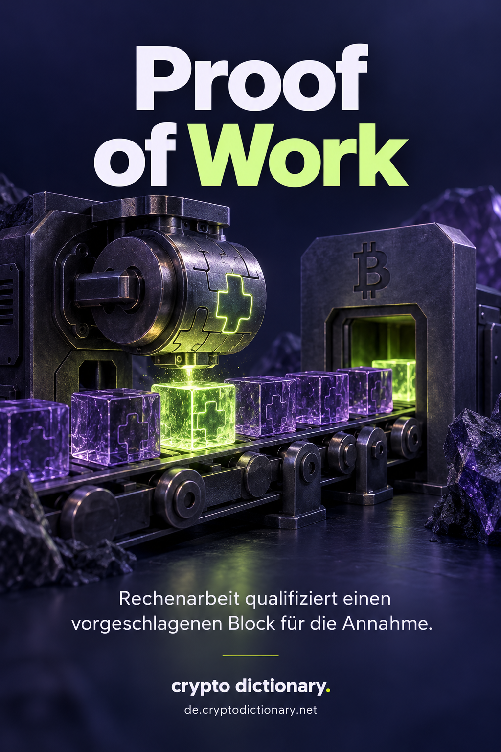 Eine Rechenmaschine setzt einen passenden Nachweis in eine Kette violetter Glasblöcke.