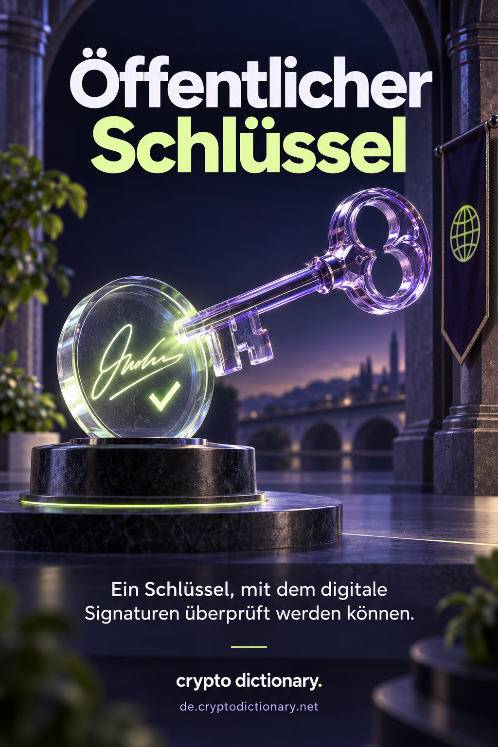 Ein öffentlicher violetter Glasschlüssel prüft ein leuchtendes Signatursiegel mit Häkchen.