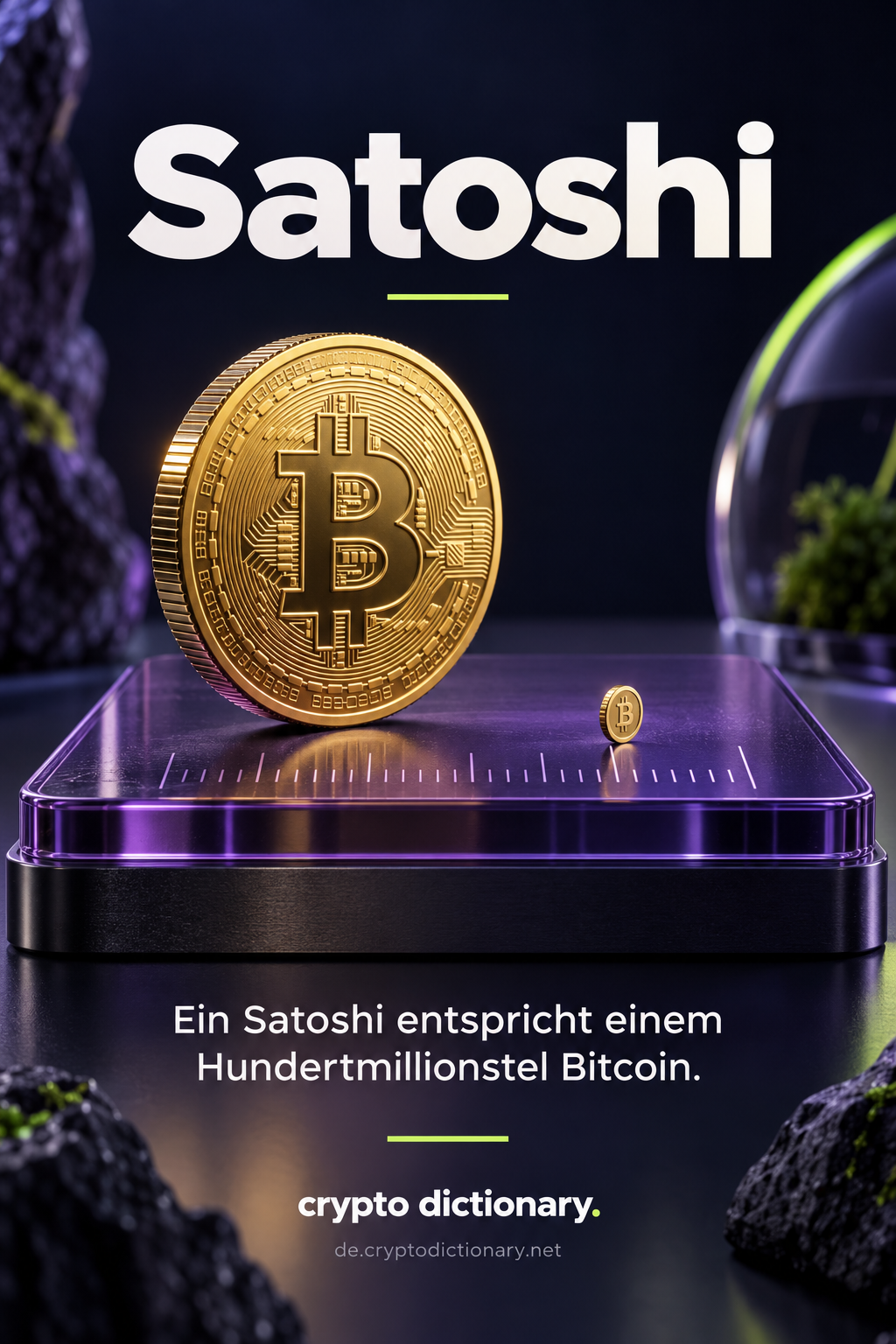 Eine große und eine winzige Bitcoin-Münze stehen auf einer gläsernen Skala.