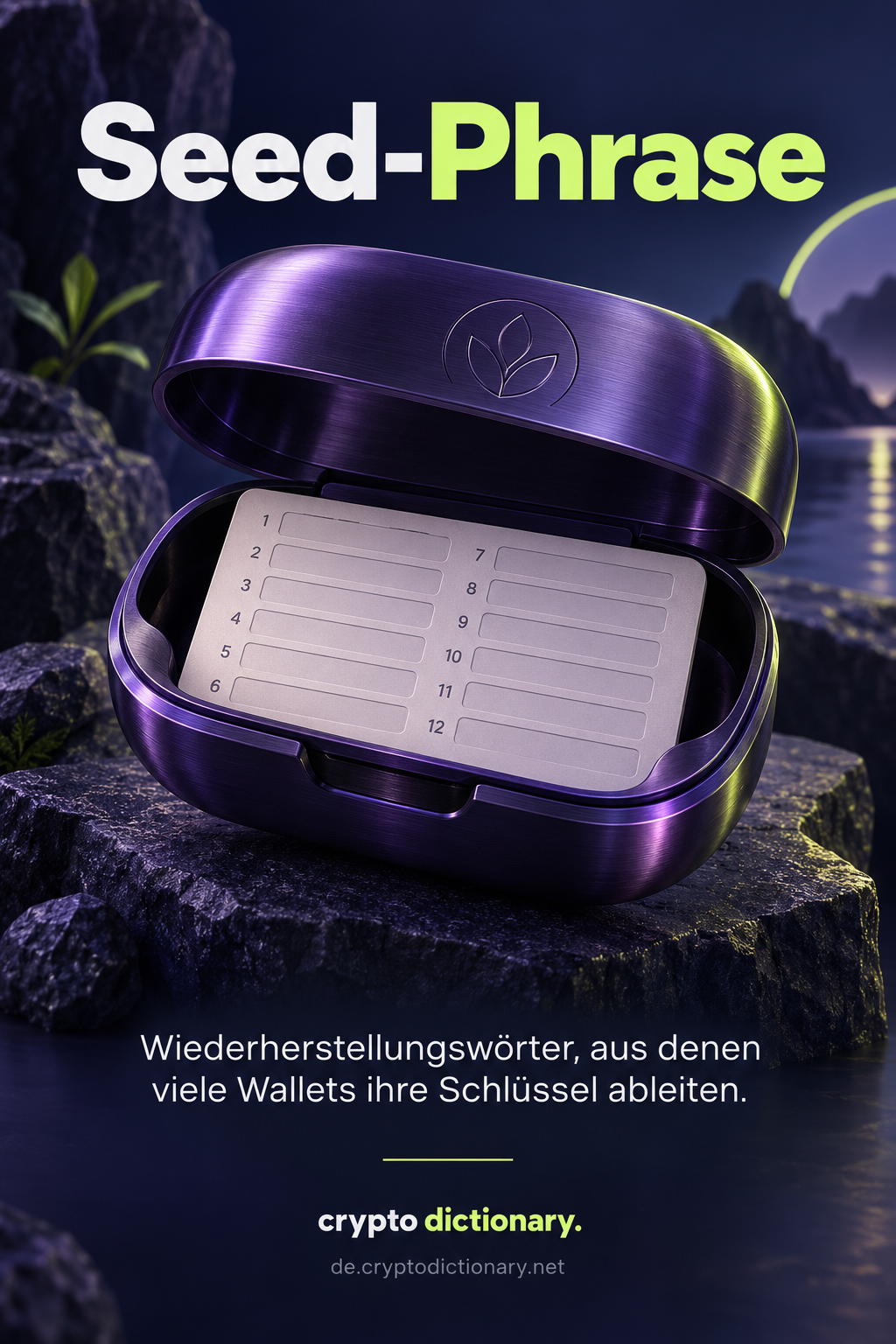 Eine geschützte Metallkapsel enthält eine Karte mit zwölf nummerierten leeren Wortfeldern.