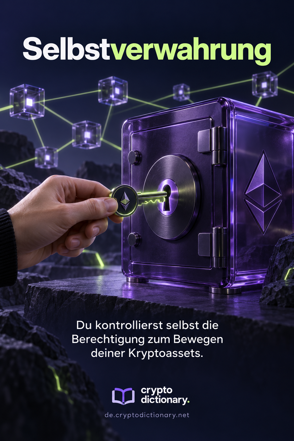 Eine Hand hält den Schlüssel zu einem violetten Tresor vor vernetzten Glasblöcken.