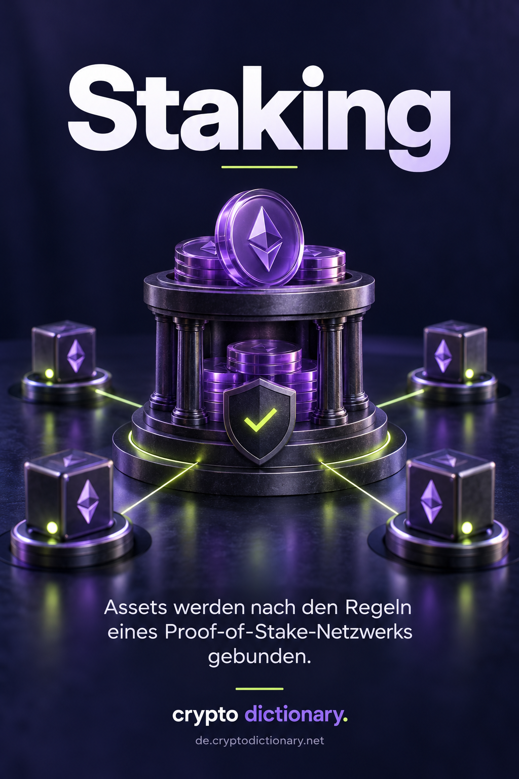 Gebundene violette Coins in einer geschützten Halterung verbinden mehrere Validator-Knoten.