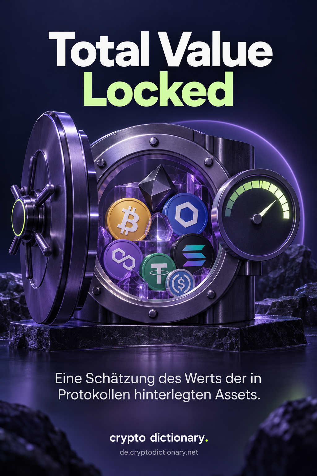Ein gläserner Protokolltresor mit mehreren Assets und einem abstrakten Wertmesser.
