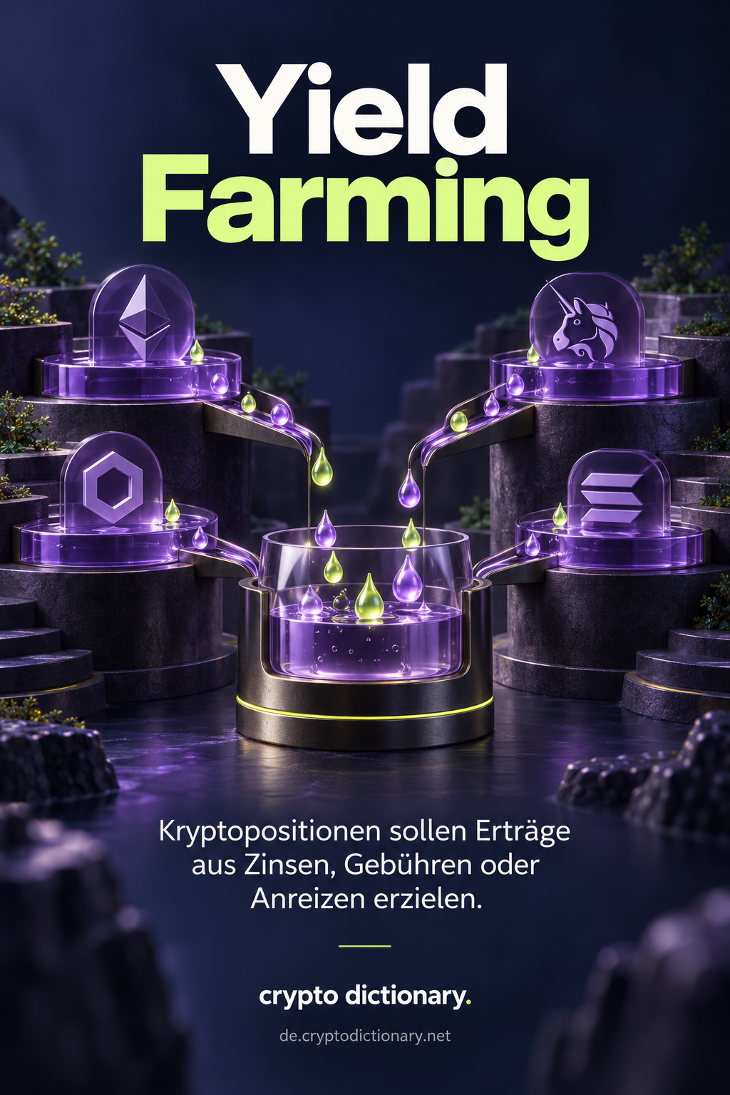 Mehrere Protokollpositionen geben abstrakte violette und limefarbene Tropfen in einen gemeinsamen Behälter.